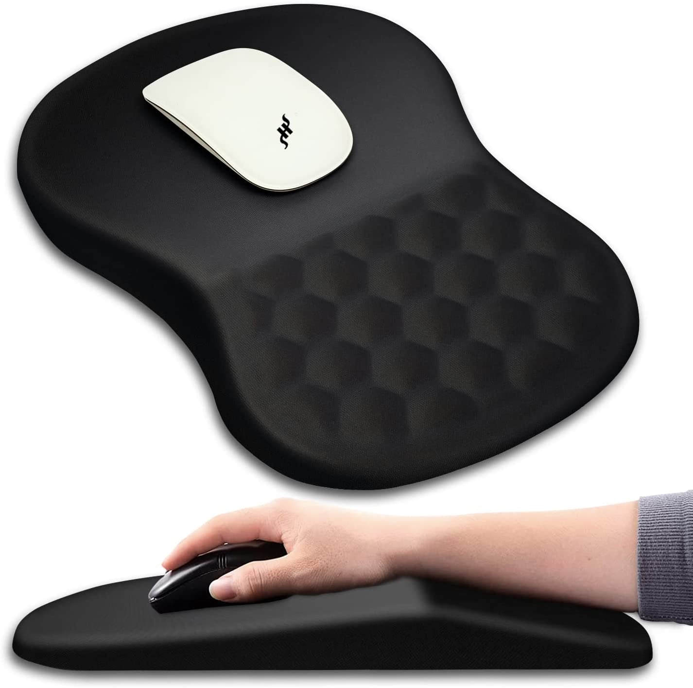 Ergonomic Mouse Pad Wrist Support with Massage Design, Wrist Rest Pain Relief Mousepad with Memory Foam&Non-Slip PU Base, Mouse Pads for Wireless Mouse & Desk (12X8 Inch,Black)