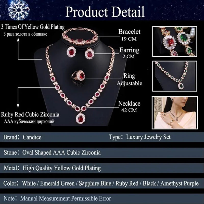 CANDICE Dubai Wedding 4 Pieces Set Elegant Red Zirconia Paved Yellow Gold Plated Engagement Party Ring Earrings Bracelet Necklace Sets for Women