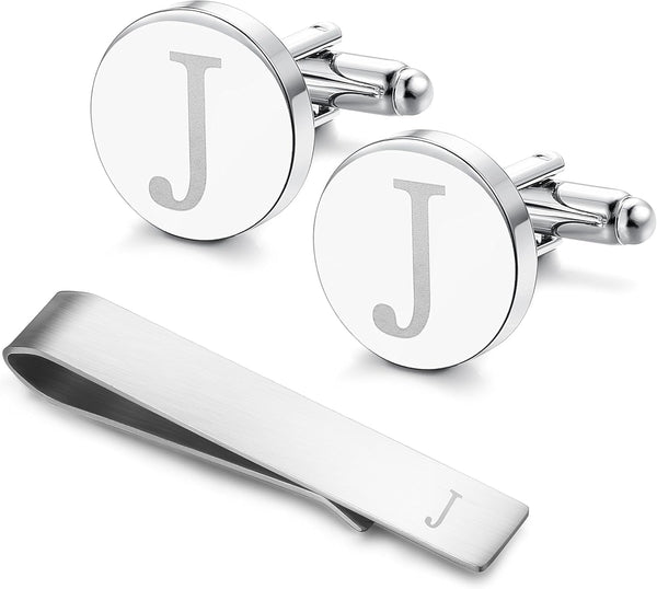 Stainless Steel Engraved Initial Cufflinks and Tie Clip Bar Set Alphabet Letter with Gift Box A-Z
