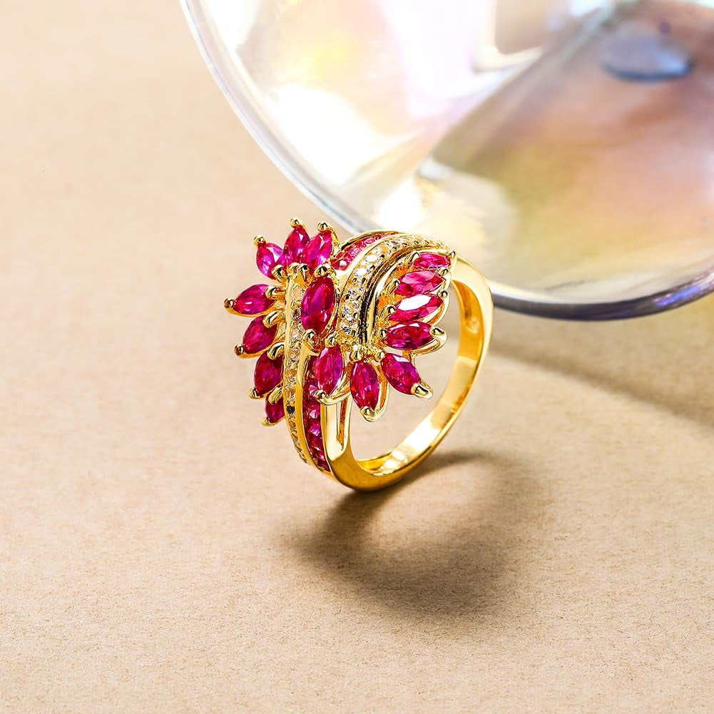 Statement Flower Ring, 14K Gold Plated, Size 6 to 10, Pink, Yellow, Green Leaf Stones, Opal, Sapphire, Ruby, Emerald, Sterling Silver, Cocktail, Engagement, Promise, Party Ring for Women