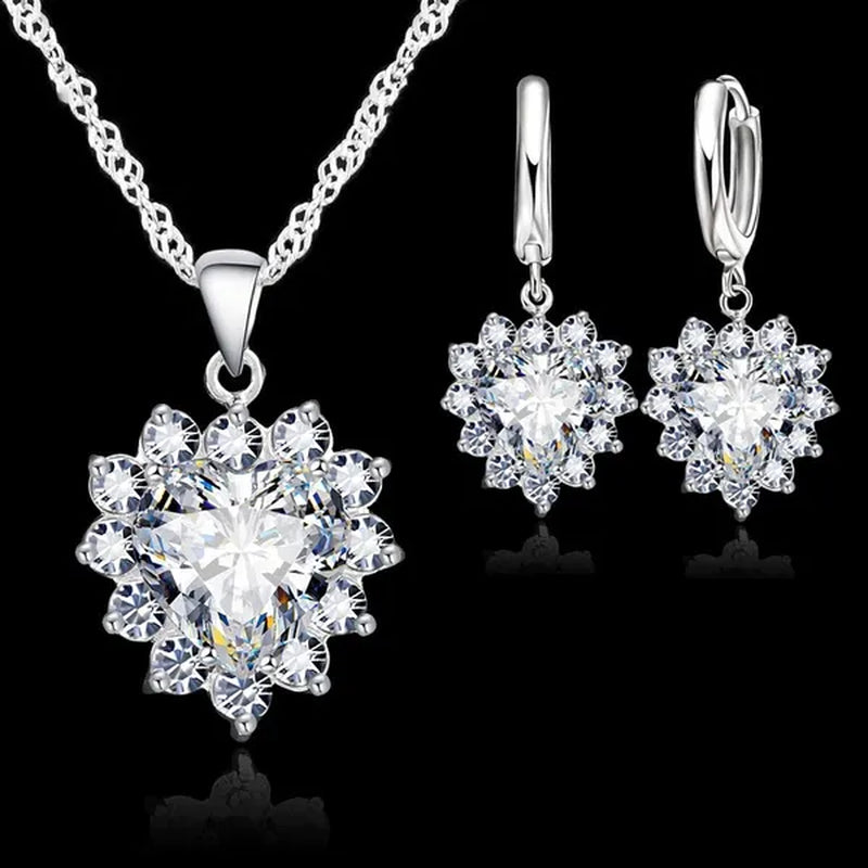Trendy 925 Sterling Silver Jewelry Set for Women Heart CZ Stone Charm Pendants Necklaces Earrings LOVE Anniversary Gift