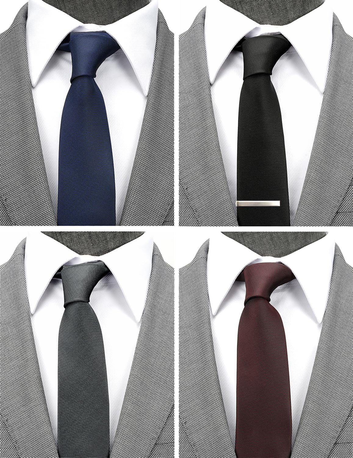 Skinny Solid Ties for Men, 2.5 Inch Slim Plain Neckties 4-Pack