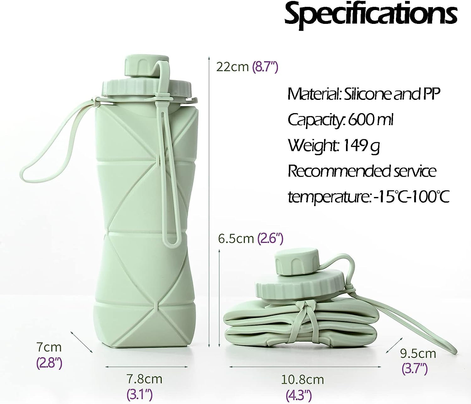 Collapsible Water Bottle, Silicone Foldable Water Bottles for Travel, Easy-To-Carry Design and Compact Size, BPA Free, 20 Oz (Green)