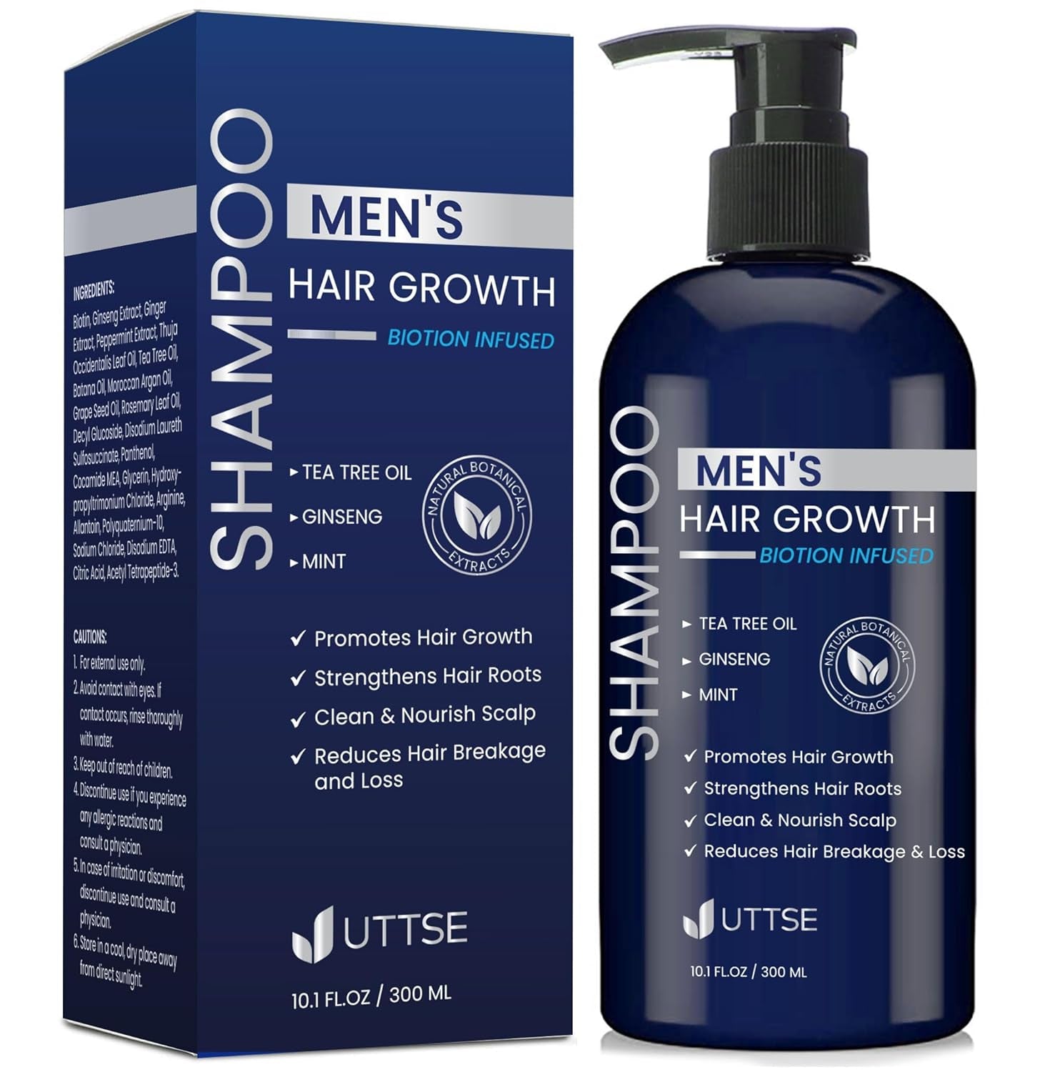 Biotin Hair Growth Shampoo for Men: Natural Thickening Shampoo with Tea Tree Oil Ginseng Mint for Hair Loss and Thinning Hair - 10.1 Fl.Oz, Dark Blue