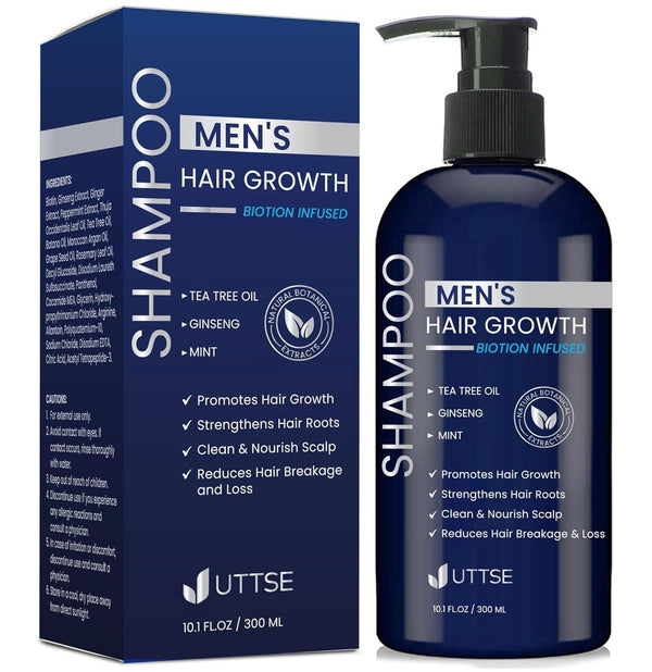 Biotin Hair Growth Shampoo for Men: Natural Thickening Shampoo with Tea Tree Oil Ginseng Mint for Hair Loss and Thinning Hair - 10.1 Fl.Oz, Dark Blue