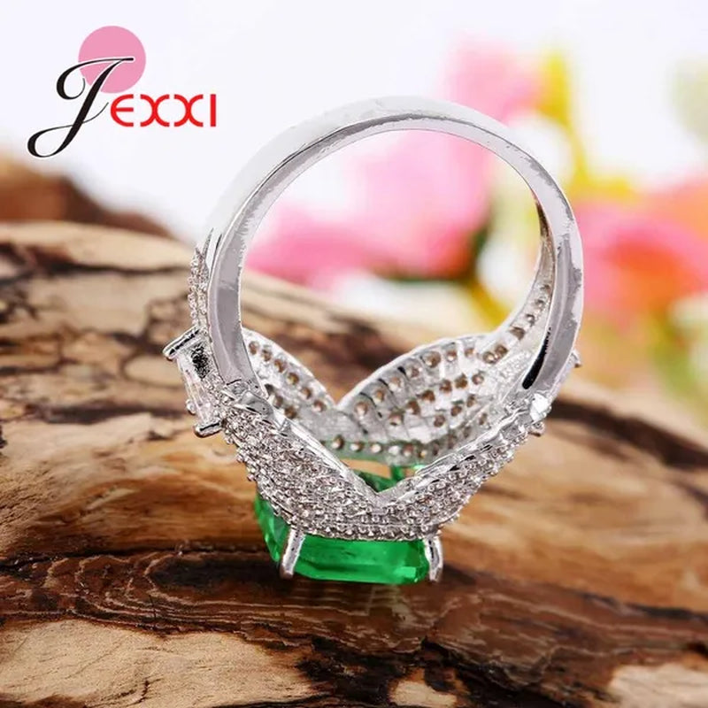 New Arrival Square Green Crystal Wedding Engagement Ring with Clear Cubic Zirconia Women 925 Sterling Silver Party Rings