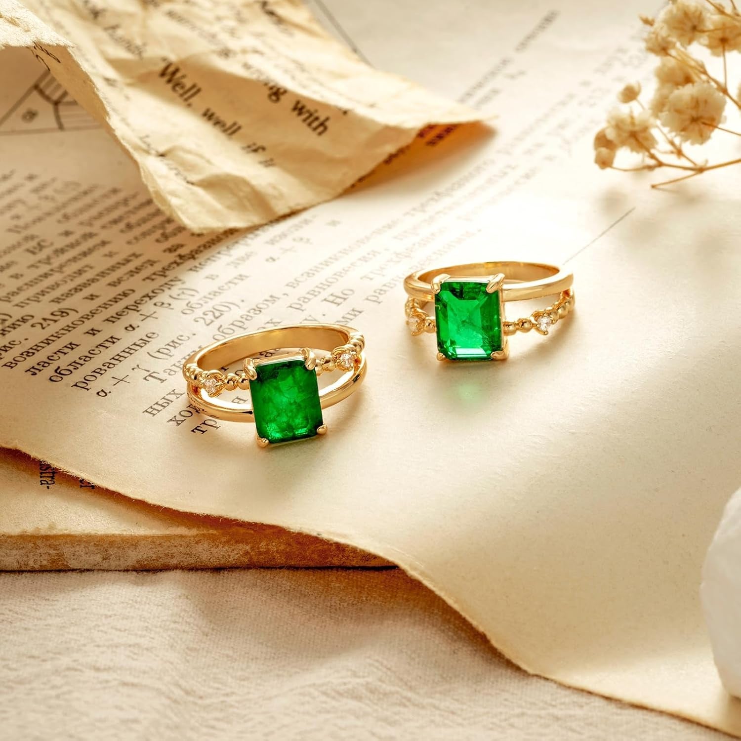 Gold Simulated Emerald Rings 14K Gold Plated Rings for Women Dainty Green Rings Stacking Ring Statement Ring Cut Simulated Emerald Gemstones CZ Gold Rings Band Size 6 to 8