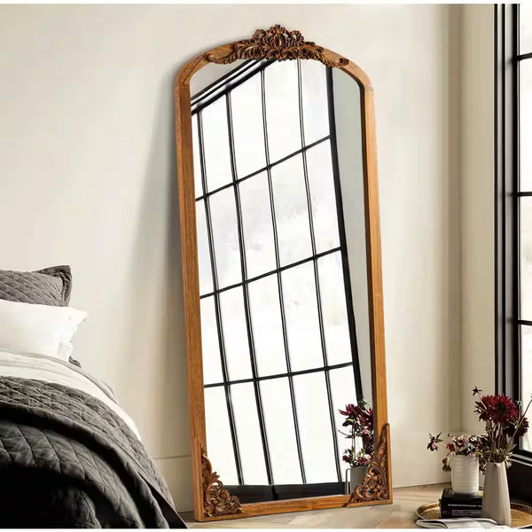 30 In. W X 69 In. H Rustic Arched Solid Wood Framed DIY Carved Full Length Mirror