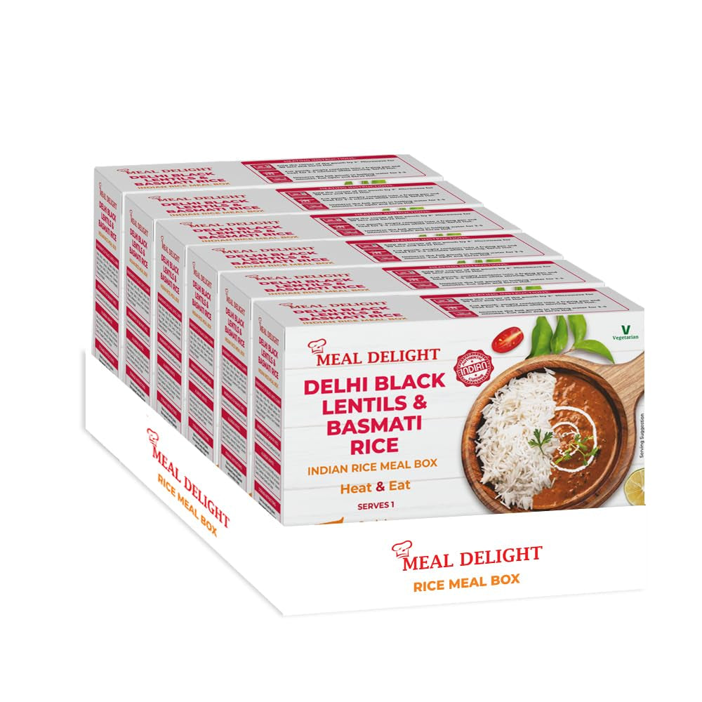 Indian Cuisine Ready to Eat Meals Pack of 6, 12.3Oz- Basmati Rice with Black Lentil Curry - Microwavable No Preservatives, Heat and Eat Meal Box Ready in 90 Seconds