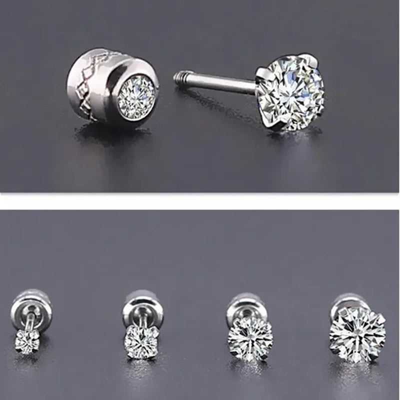 1Pc/1Pairs Silver Plated Cubic Zirconia Stud Earrings for Women Men Stainless Steel Jewelry Size: 2-6Mm