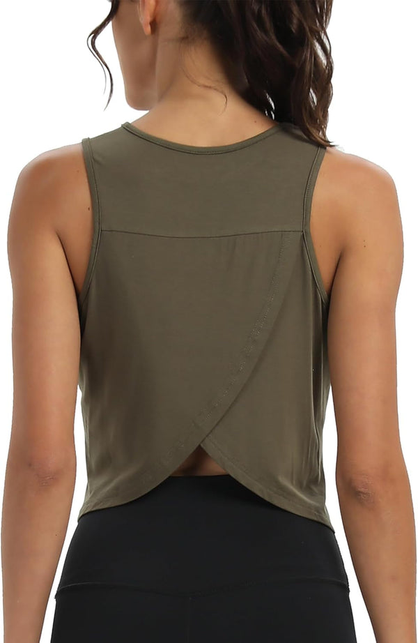 Workout Tops for Women Cropped Open Back Sleeveless Tank Tops Athletic Gym Yoga Shirts Loose Fit