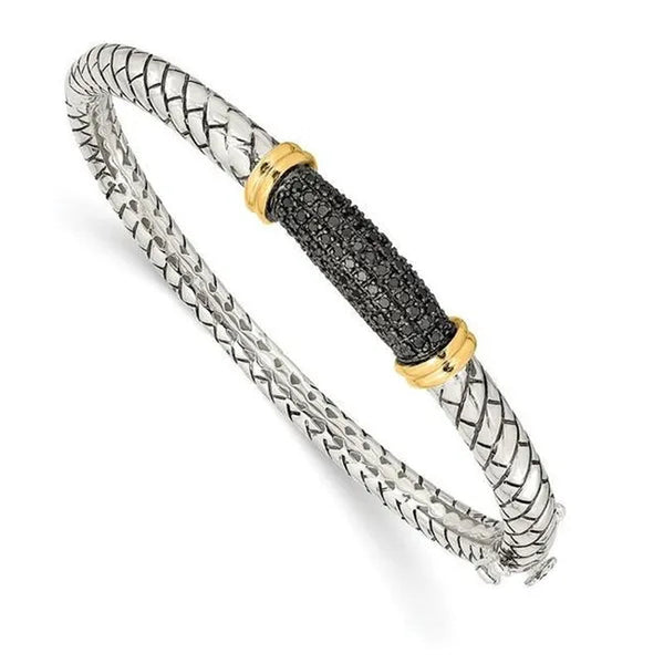 Sterling Silver with 14K Gold Black Diamond Bangle Bracelet