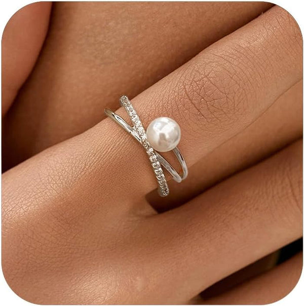 6Mm Pearl Ring for Women Dainty X Criss Cross Gold Pearl Ring Stackable 925 Sterling Silver Cubic Zirconia Open Ring Promise Rings Birthday Christmas Jewelry Gifts for Her Mom