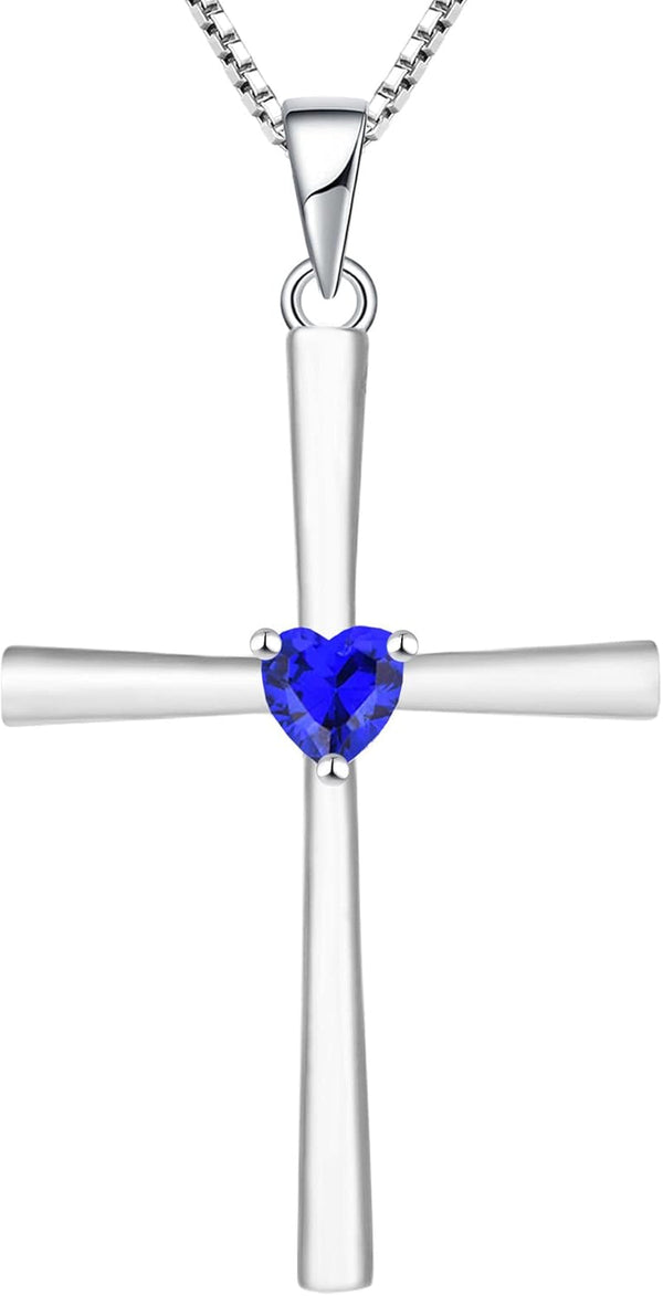 Women'S Cross Necklace 925 Sterling Silver Crucifix Pendant Heart Cut Birthstone Criss Jewelry