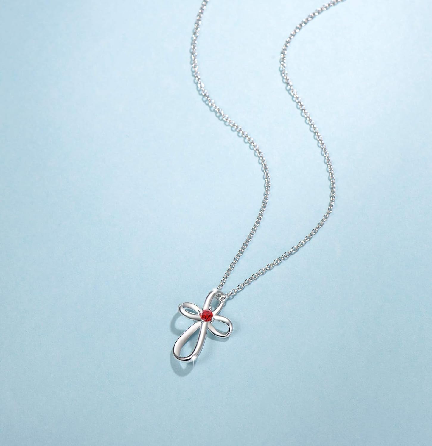 White Gold Plated 925 Sterling Silver Birthstone Open Loop Celtic Ribbon Cross Crucifix Infinity Pendant Necklace Cute Gifts for Women Girls, 16" + 2" Extender