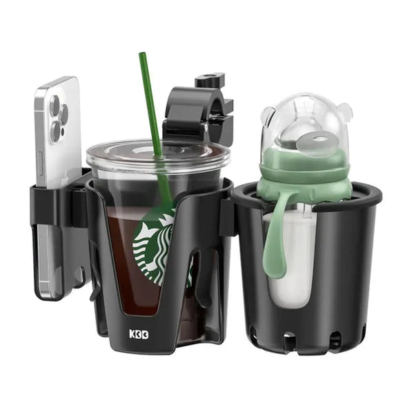 Stroller Cup Holder with Phone Holder, 3-in-1 Removable Bottle Holder, 360 Degrees Rotation Drink Holder for Wheelchair, Stroller, Bike, Walker, Scooter, Bicycle, Uppababy, Nuna, Bugaboo, Doona