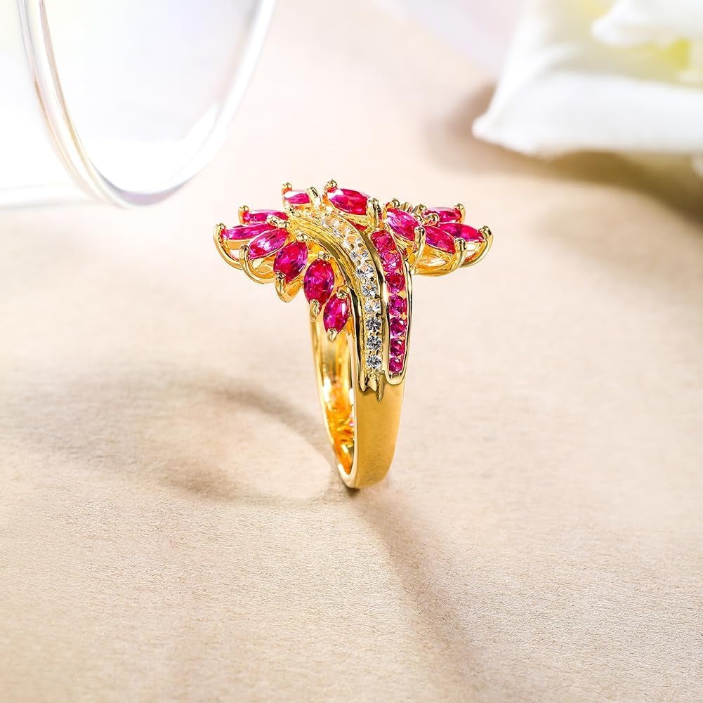 Statement Flower Ring, 14K Gold Plated, Size 6 to 10, Pink, Yellow, Green Leaf Stones, Opal, Sapphire, Ruby, Emerald, Sterling Silver, Cocktail, Engagement, Promise, Party Ring for Women