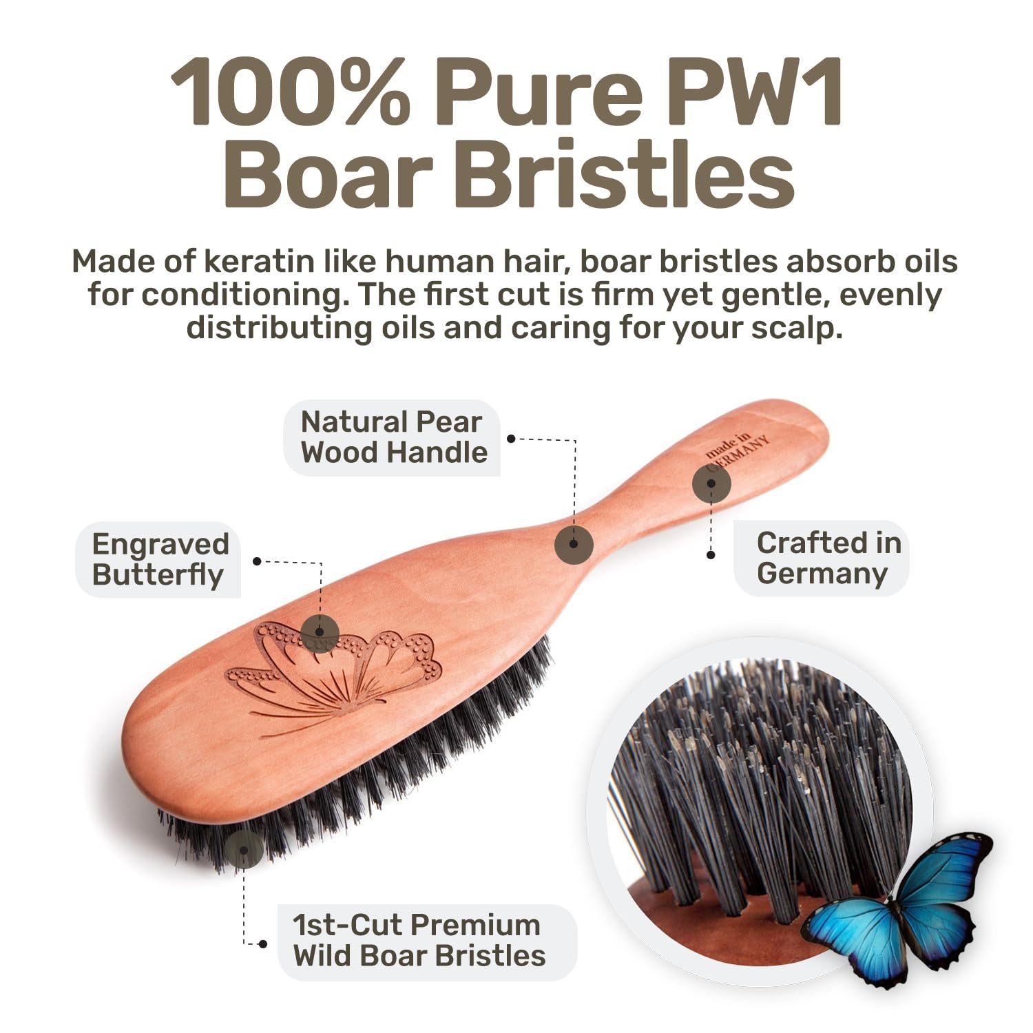100% Natural Boar Bristle Hairbrush for Healthy Hair - Gentle Care, Made in Germany