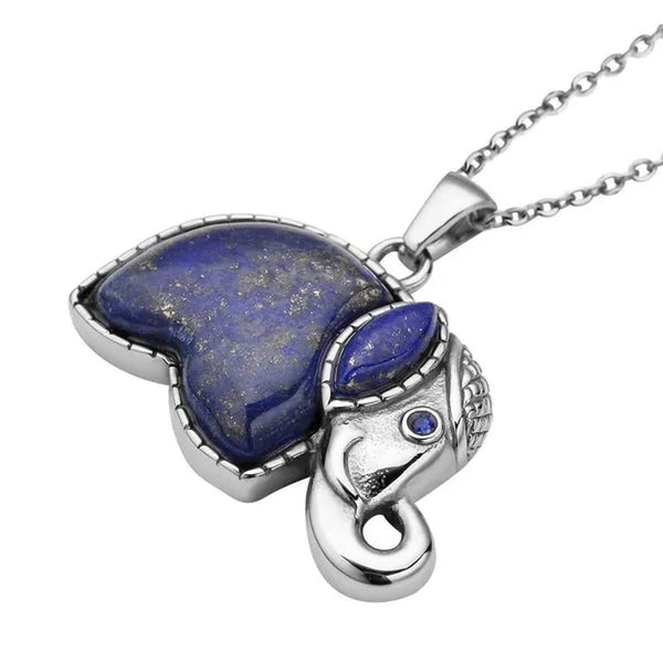 Lapis Lazuli Elephant Charm Pendant Chain Crystal Necklace In Stainless Steel Fashion Animal Women 20"
