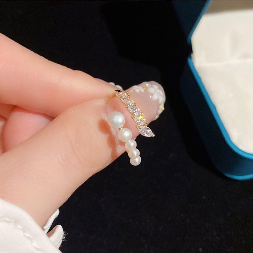 Chic CZ Pearl Statement Ring for Women Double Layers Stacking Rings Adjustable Open Finger Band Promise Engagement Rings Bands Dainty Jewelry