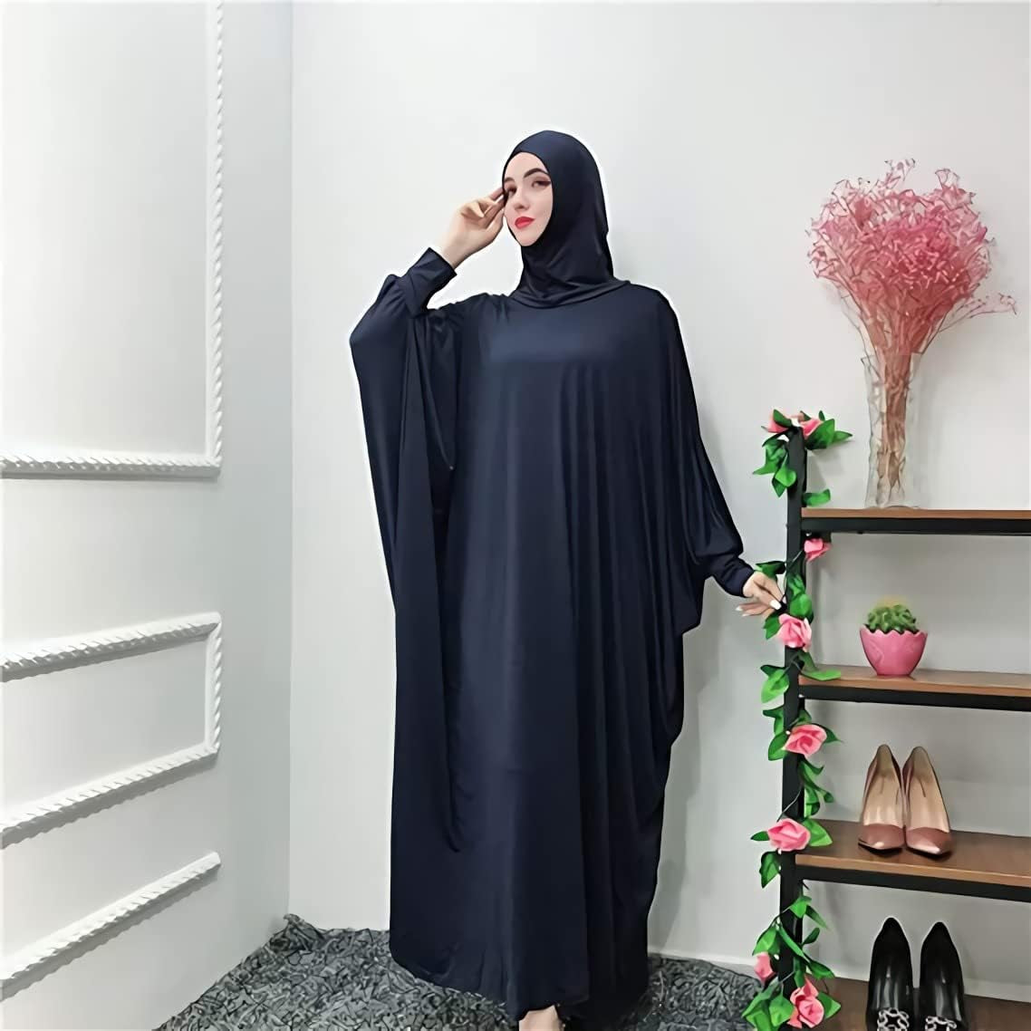 Womens Solid One-Piece Prayer Dress Muslim Abaya Islamic Maxi Breathable Ramadan Dress Kaftan Hijab