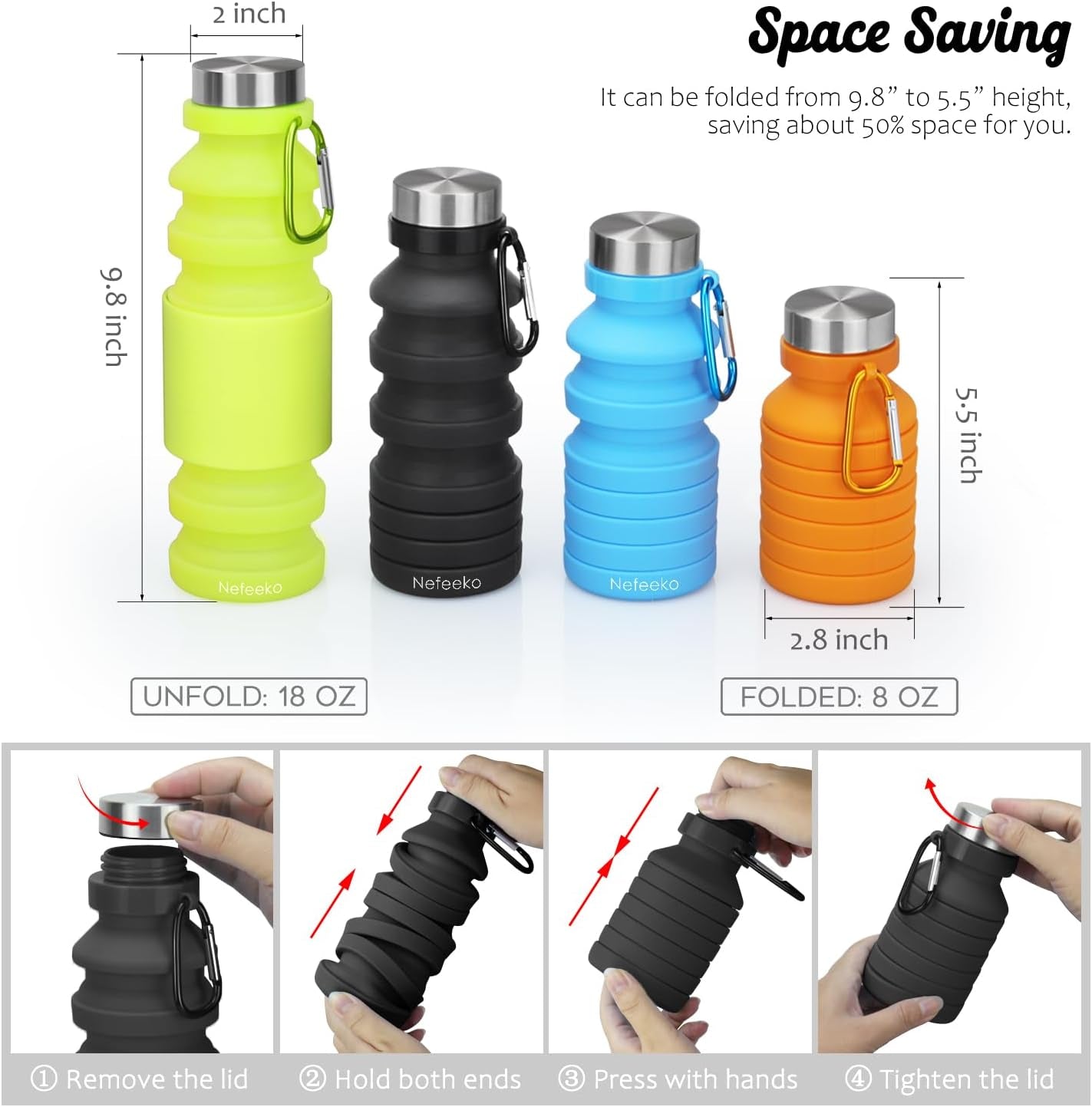 Collapsible Water Bottle, Reuseable BPA Free Silicone Foldable Water Bottles for Travel Gym Camping Hiking, Portable Leak Proof Sports Water Bottle with Carabiner
