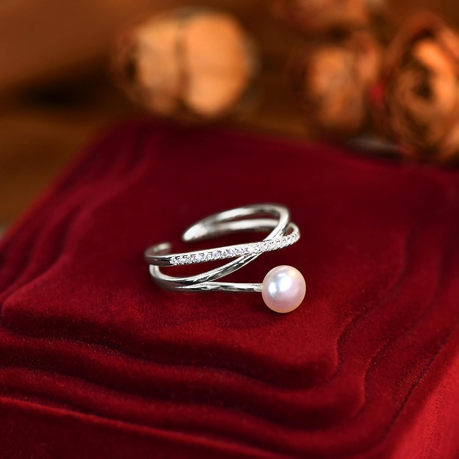 6Mm Pearl Ring for Women Dainty X Criss Cross Gold Pearl Ring Stackable 925 Sterling Silver Cubic Zirconia Open Ring Promise Rings Birthday Christmas Jewelry Gifts for Her Mom