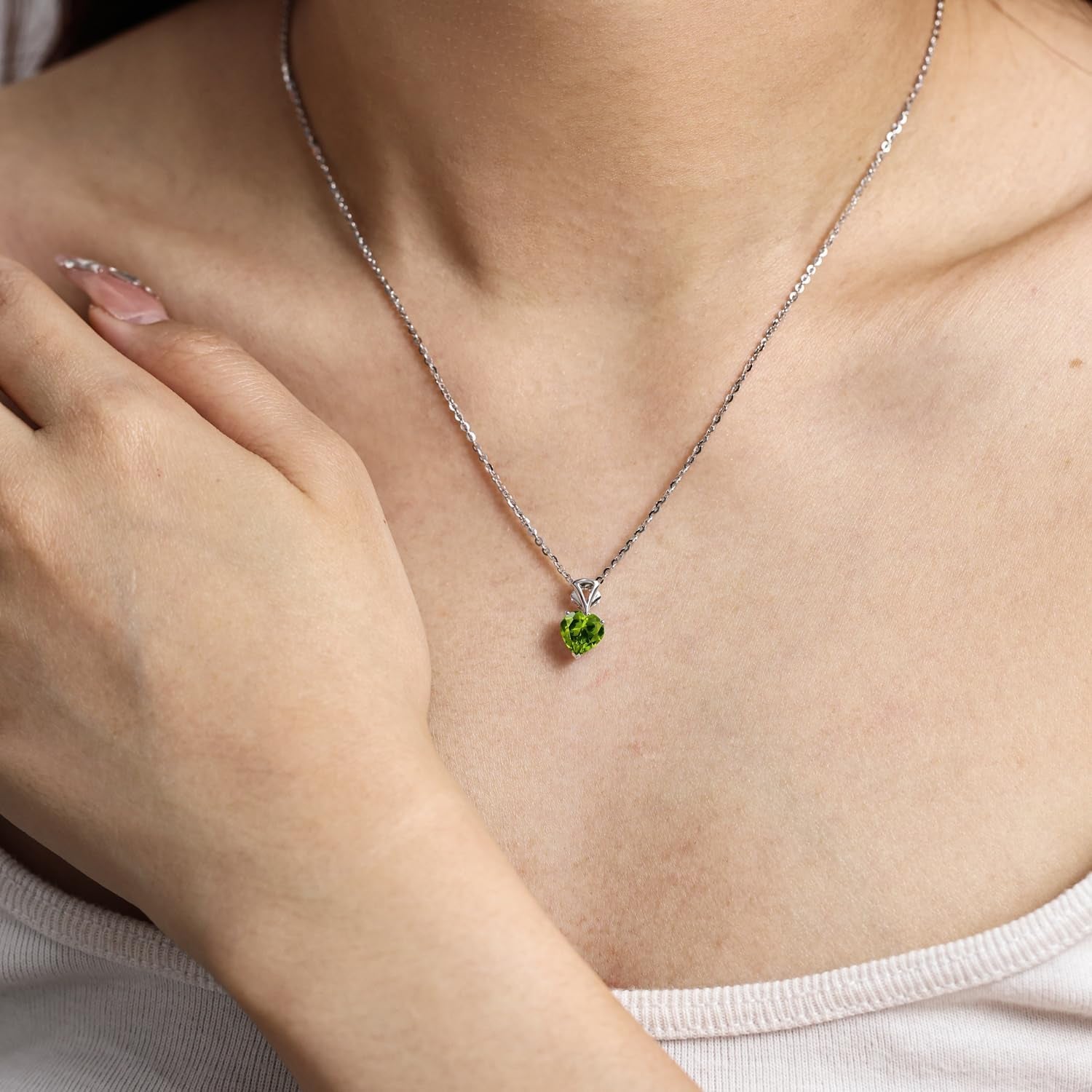 14K White Gold Gemstone Pendant with Sterling Silver Chain 8Mm Heart Birthstone Necklace for Women Fine Jewelry Anniversary Birthday Gifts for Women Mom Wife Girlfriend Her