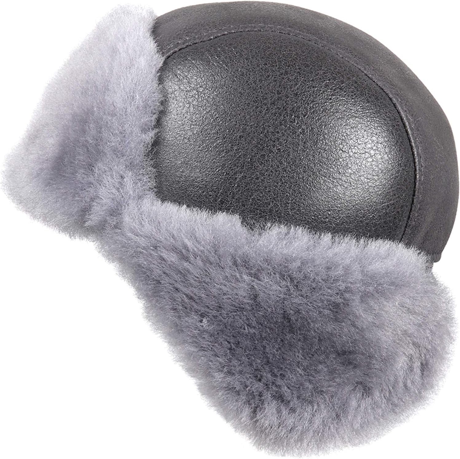 Leather Aviator Shearling Ushanka Trapper Hat Russian Sheepskin Cap Real Fur Winter Hat with Ear Flaps for Men Women