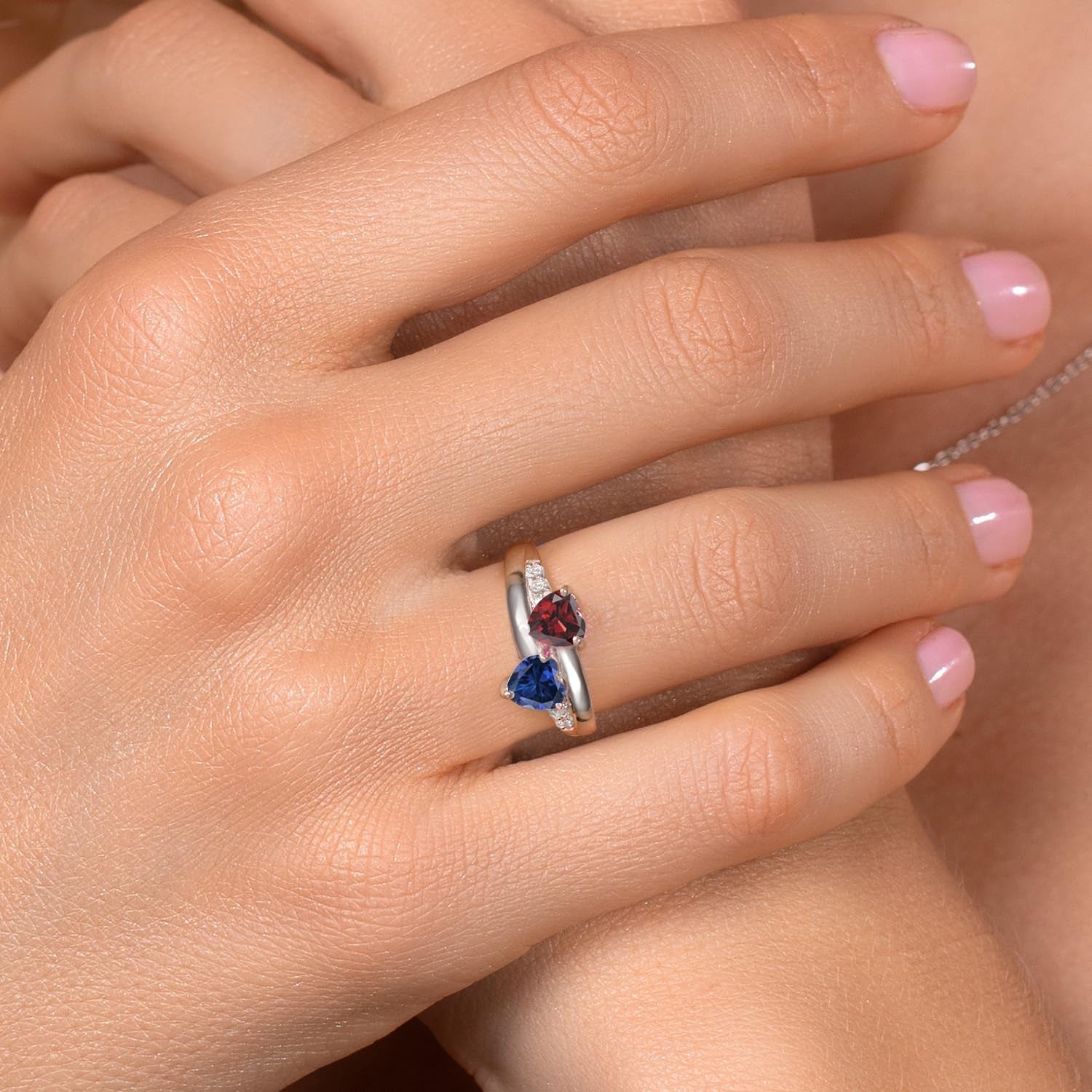 925 Sterling Silver Red Garnet and Blue Created Sapphire and Lab Grown Diamond Women Engagement Ring (1.24 Cttw. Heart Shape 5MM, Available in Size 5, 6, 7, 8, 9)