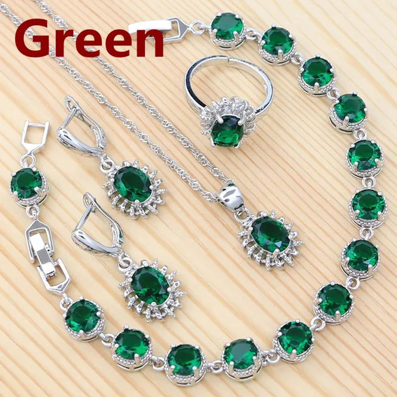 Natural Green Cubic Zirconia 925 Sterling Silver Jewelry Sets for Women Engagement Earrings Ring Pendant Necklace Set