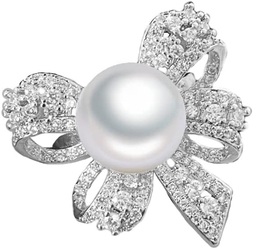 Elegant Bow Knot Pearl Rings for Women Rhinestone CZ Crystal Butterfly Tie Open Statement Ring Promise Engagement Rings Anniversary Wedding Band Jewelry