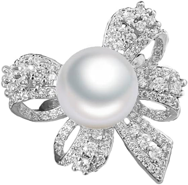 Elegant Bow Knot Pearl Rings for Women Rhinestone CZ Crystal Butterfly Tie Open Statement Ring Promise Engagement Rings Anniversary Wedding Band Jewelry