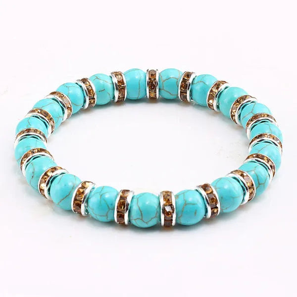 Blue turquoise and green point hand natural Vintage bracelet rhinestone rope men's and women's elastic casual bracelet prayer yoga pendant jewelry