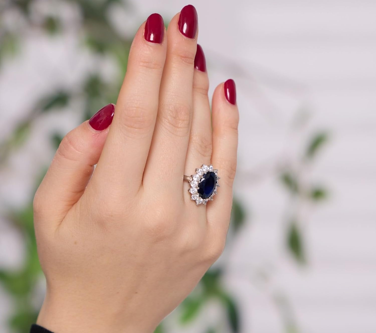 Sterling Silver Large Oval Created Blue Sapphire and Clear Cubic Zirconia Statement Bridal Engagement Princess Diana/Kate Middleton Royal Ring