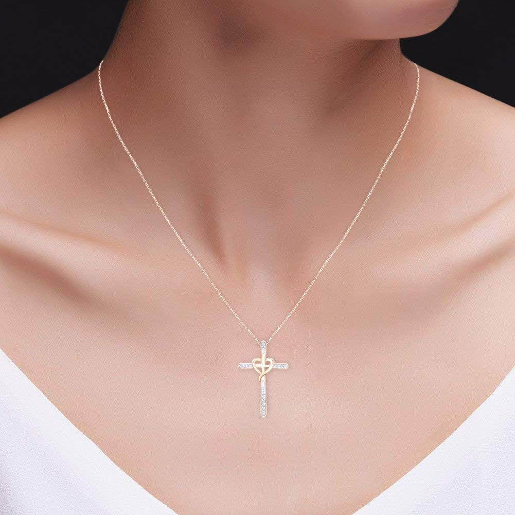 White Natural Diamond Cross Heart Pendant in 10K Solid Gold (1/20 Cttw)