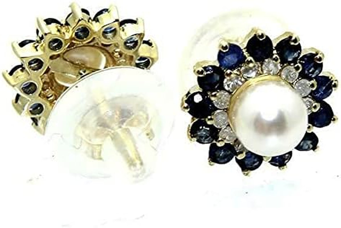 Vintage 14K Yellow Gold Plated 1.36 Ct Sapphire Pearl Diamond Floral Stud Earrings