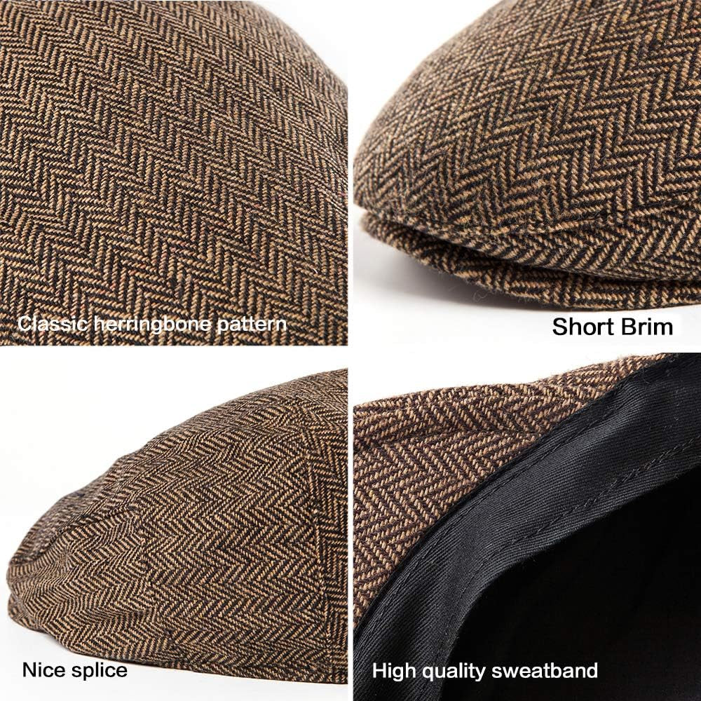 2Pack Adjustable Newsboy Hats for Men Flat Cap Irish Cabbie Wool Blend Tweed