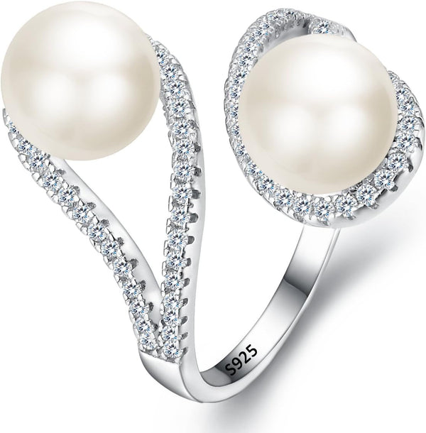 925 Sterling Silver CZ 9MM AAA Freshwater Cultured Pearl Teardrop Engagement Adjustable Ring