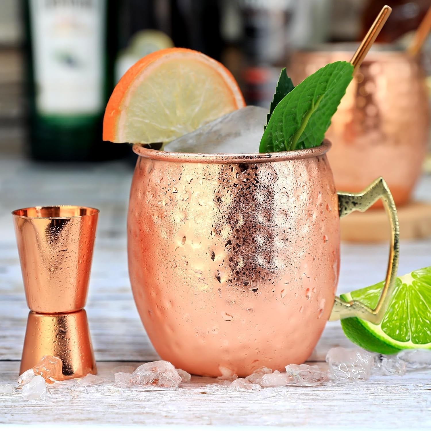 Moscow Mule Mugs Copper Mule Cup Kit 18Oz Set of 4 with Handle Large Copper Hammered Plating Cups with 0.5Oz Double Jigger, Stainless Steel Straws, Spoon for Cold Drinks Cocktails Wine