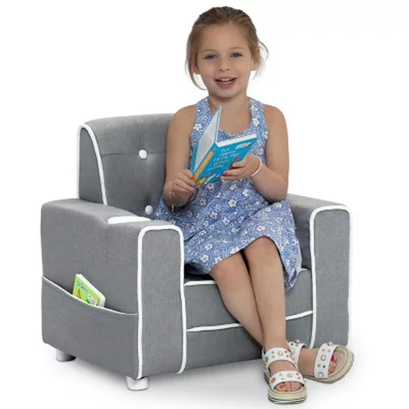 Delta Children Chelsea Kids' Upholstered Chair with Cup Holder, Soft Grey