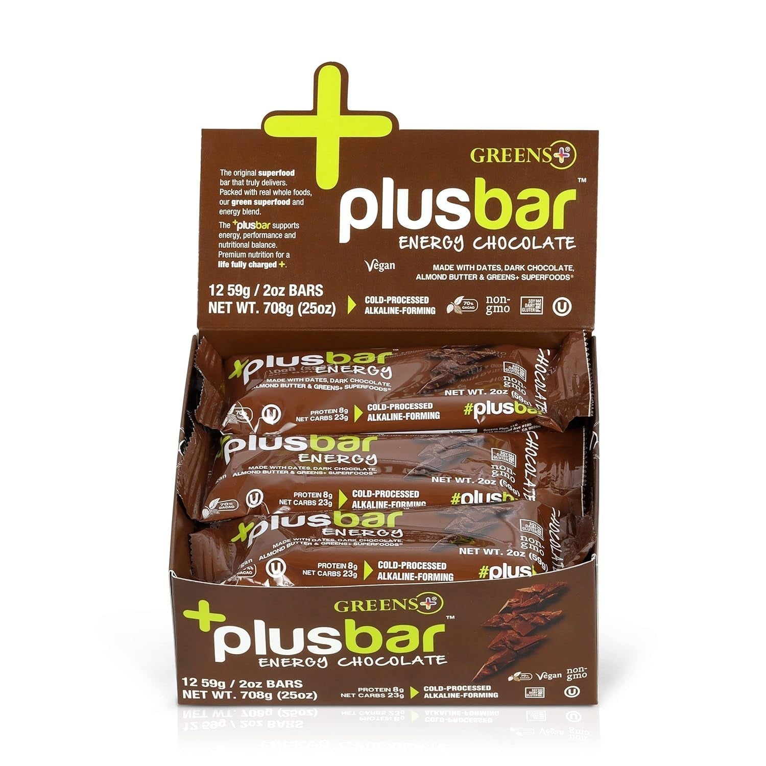 Plusbar Energy Bars, Chocolate, Gluten Free Healthy Snacks with Organic Super Greens, Superfoods & Dark Chocolate, Vegan, Dairy Free & Non GMO, 8G Protein Meal Replacement Bars, 12 Bars