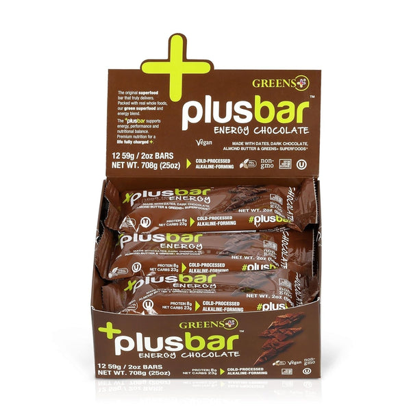 Plusbar Energy Bars, Chocolate, Gluten Free Healthy Snacks with Organic Super Greens, Superfoods & Dark Chocolate, Vegan, Dairy Free & Non GMO, 8G Protein Meal Replacement Bars, 12 Bars