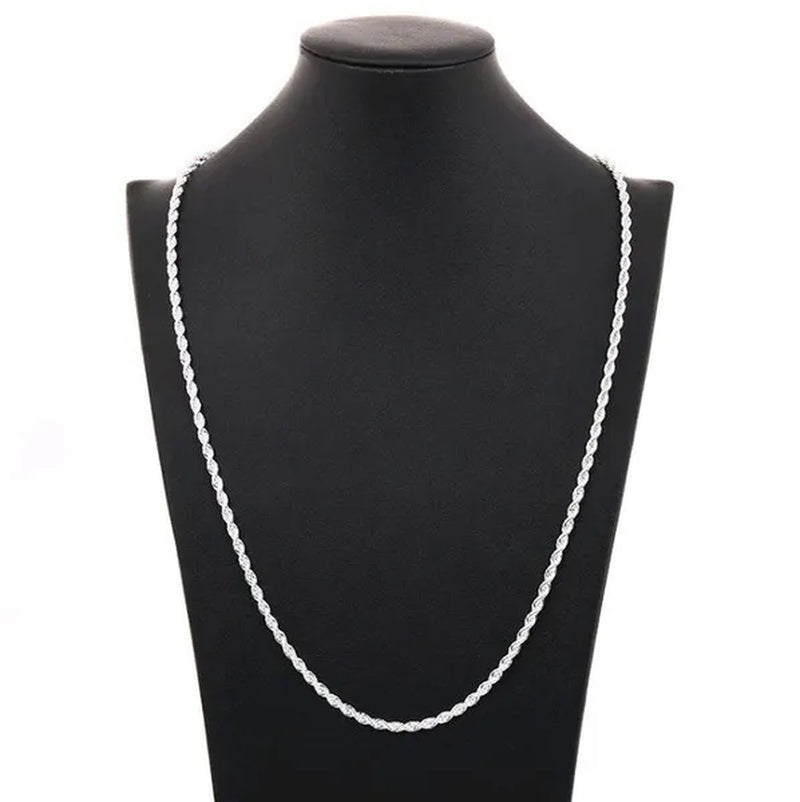 Fashion and Exquisite Men and Women 925 Silver Solid Silver 4Mm Rope Chain Necklace Bracelet (Necklace + Bracelet)