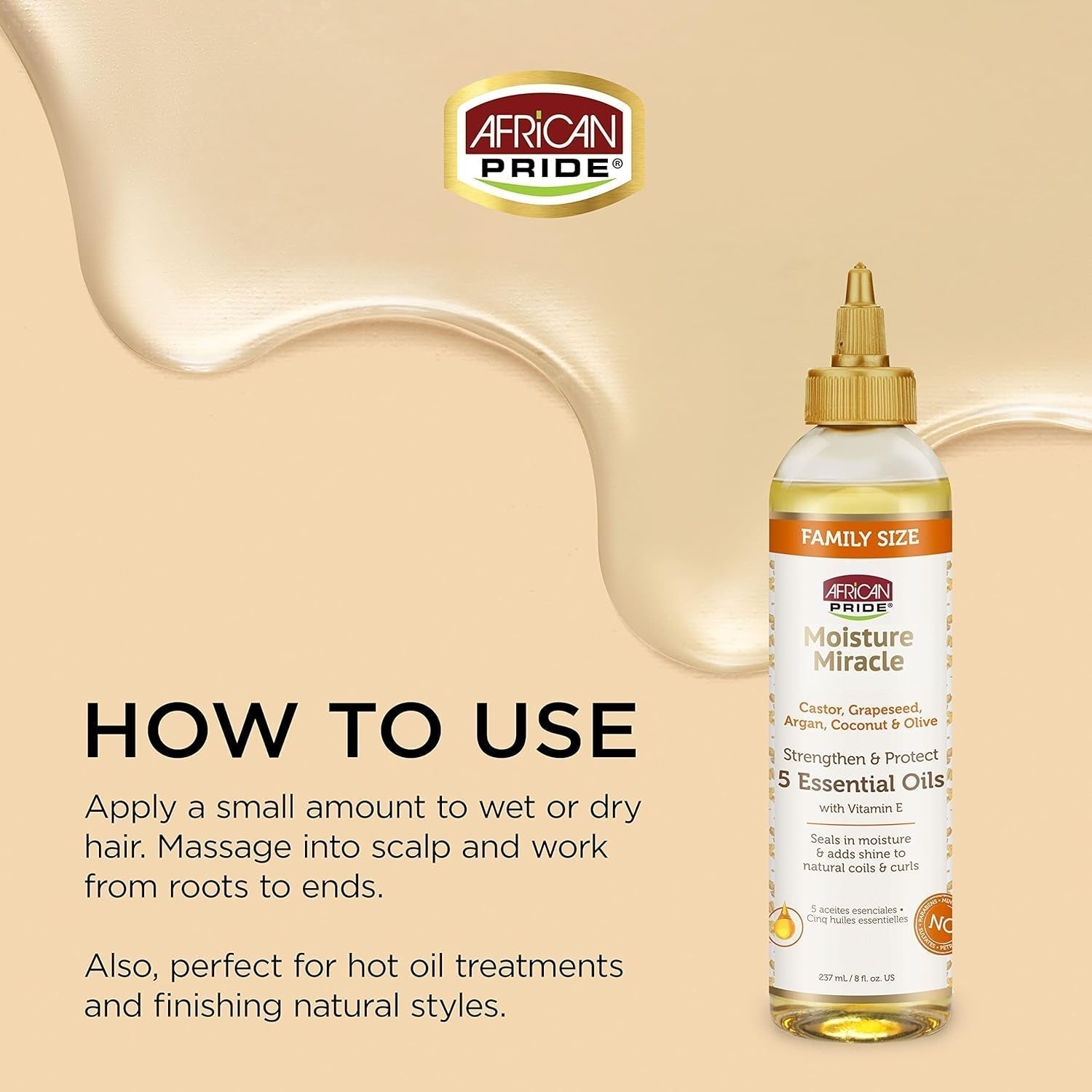 Moisture Miracle 5 Essential Hair Oils - Contains Castor, Grapeseed, Argan, Coconut & Olive Oil, Seals in Moisture & Adds Shine to Hair, Vitamin E, 8 Oz