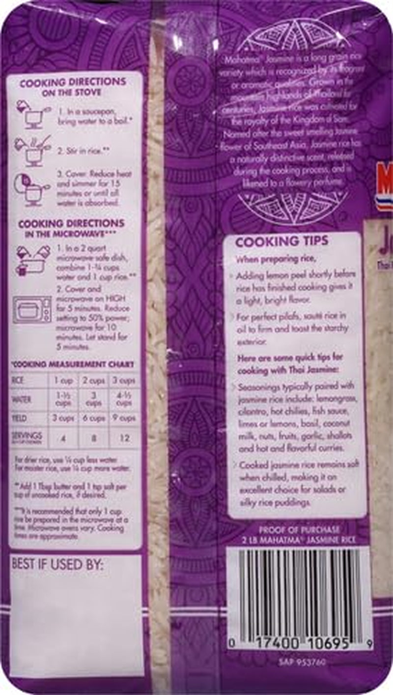 Jasmine Rice, 2Lb Bag of Rice, Thai, Indian, or Cambodian Fragrant Flavored Rice, Stovetop or Microwave Rice