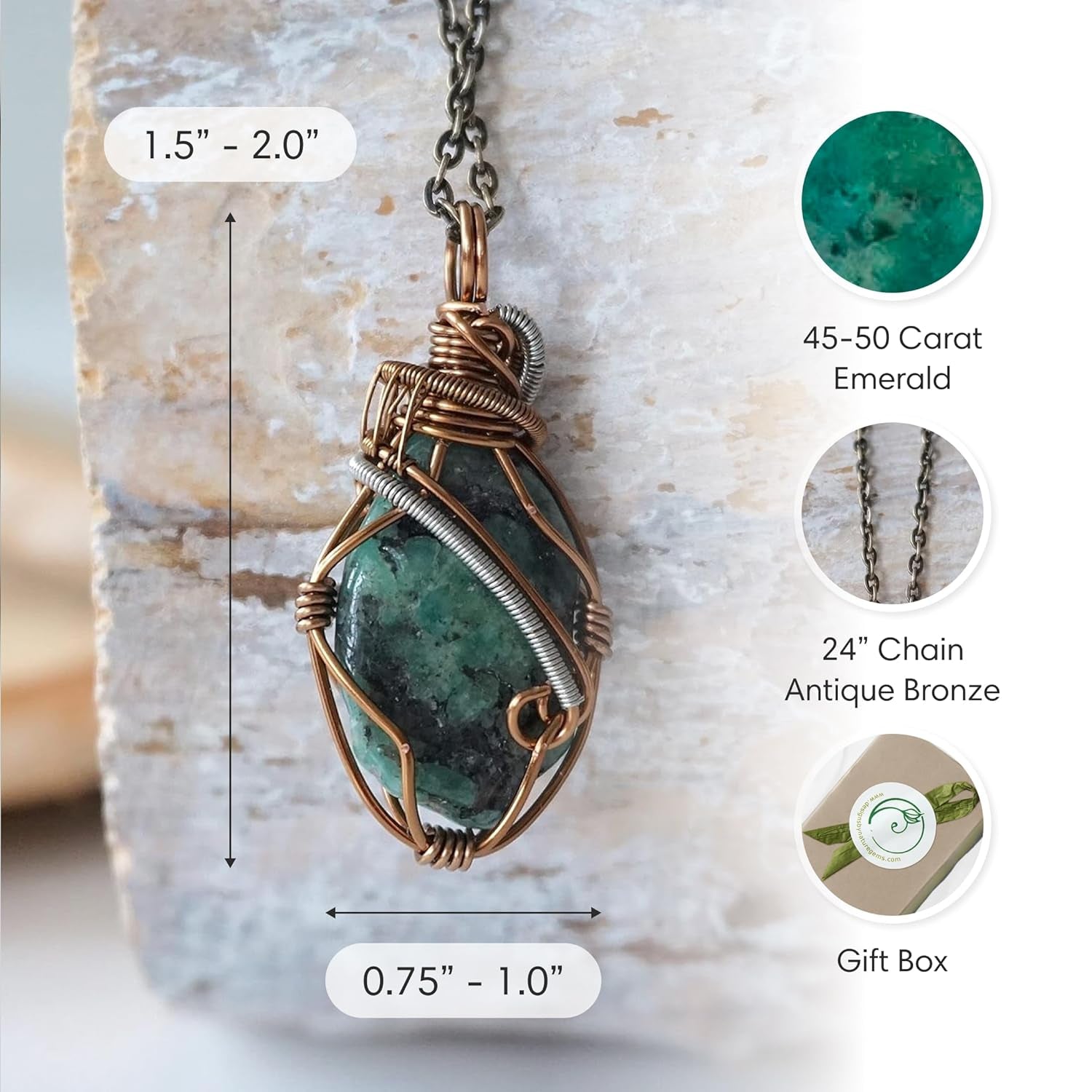 Natural Certified Emerald Necklace for Women - May Birthstone Necklace for Women - Designer Pendant Necklace - 45-50 Carat Emerald, Antique Bronze Chain
