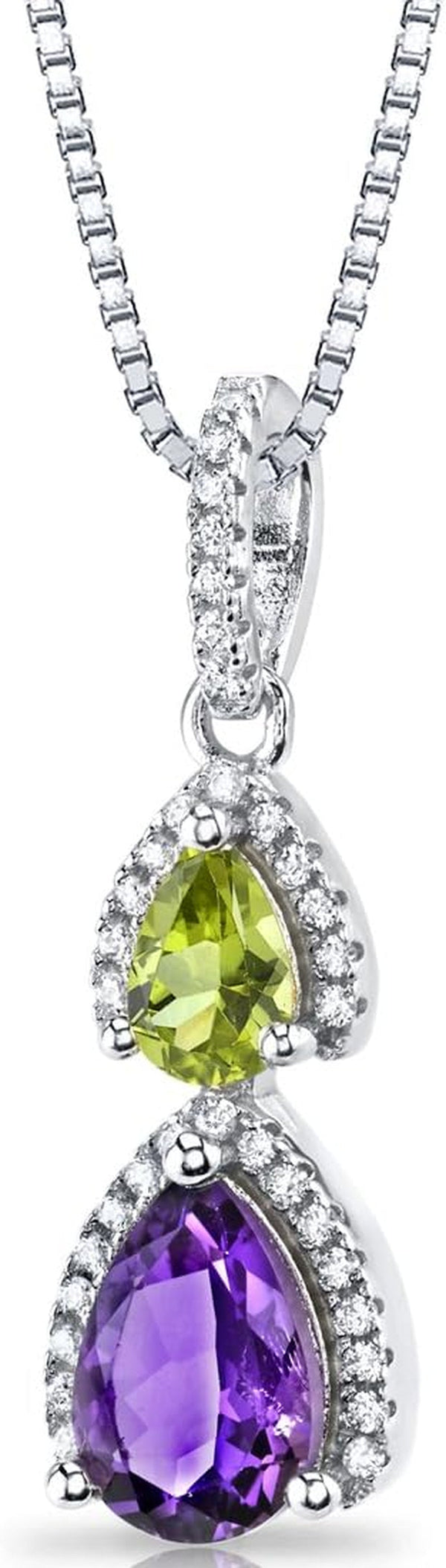 Amethyst and Peridot Double Teardrop Pendant Necklace for Women 925 Sterling Silver, Genuine Gemstone, 1.50 Carats Total Pear Shape, with 18 Inch Chain, Real Purple Amethyst Necklace,