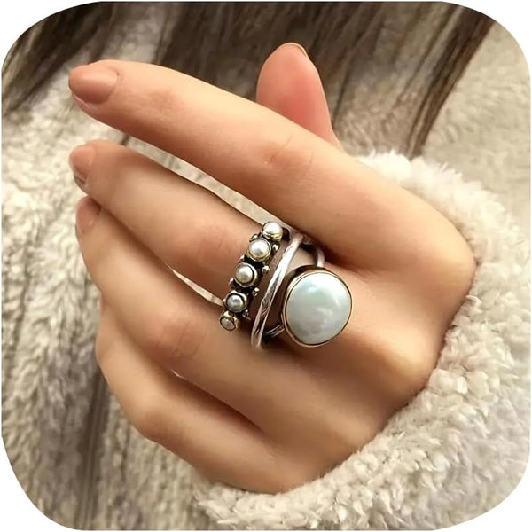 Unique Vintage 10 Mm Simulated Pearl Ring for Women Fake 3-Piece Ring Set 3 Layer Interlocked Ring Entwined Line with Stacking Rings Wedding Band Statement Cocktail Index Finger Rings 10#
