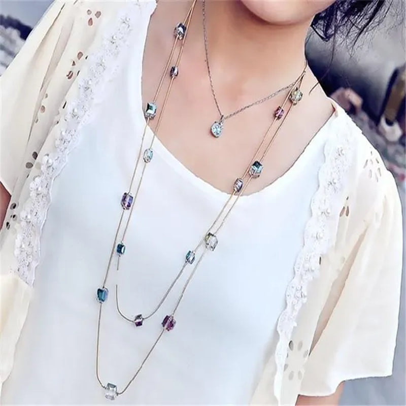 Women's Square Long Chain Sweater Necklace Fashion Double Long Tassel Necklace